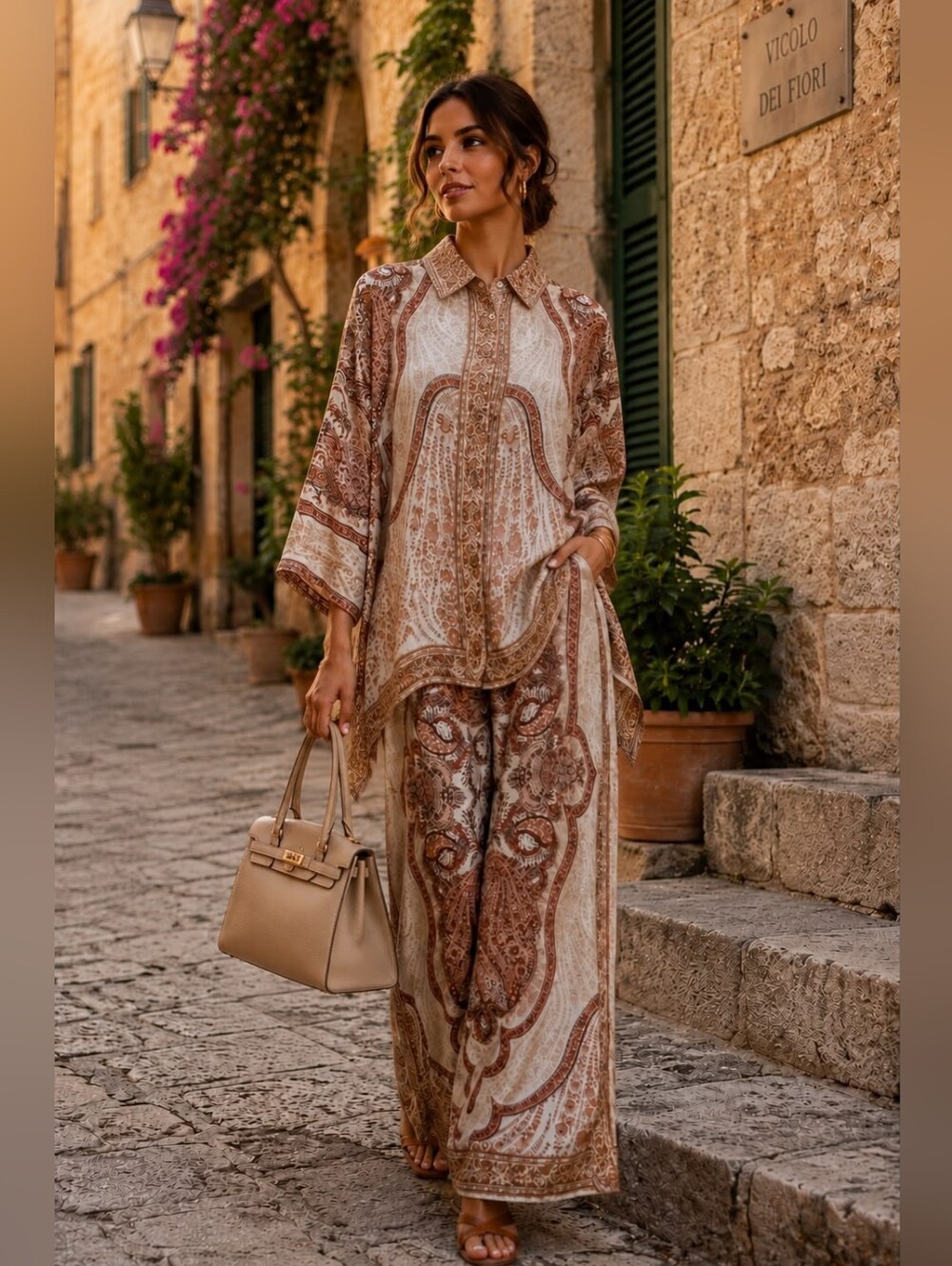 Made In Italy Viscose Rayon Woven Paisley Wide-Leg Matching Pant Set